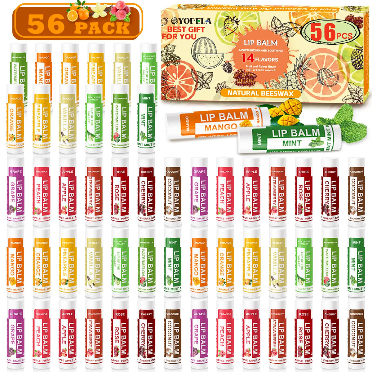 Yopela 56-pack bulk lip balms on display showing variety flavors for moisture