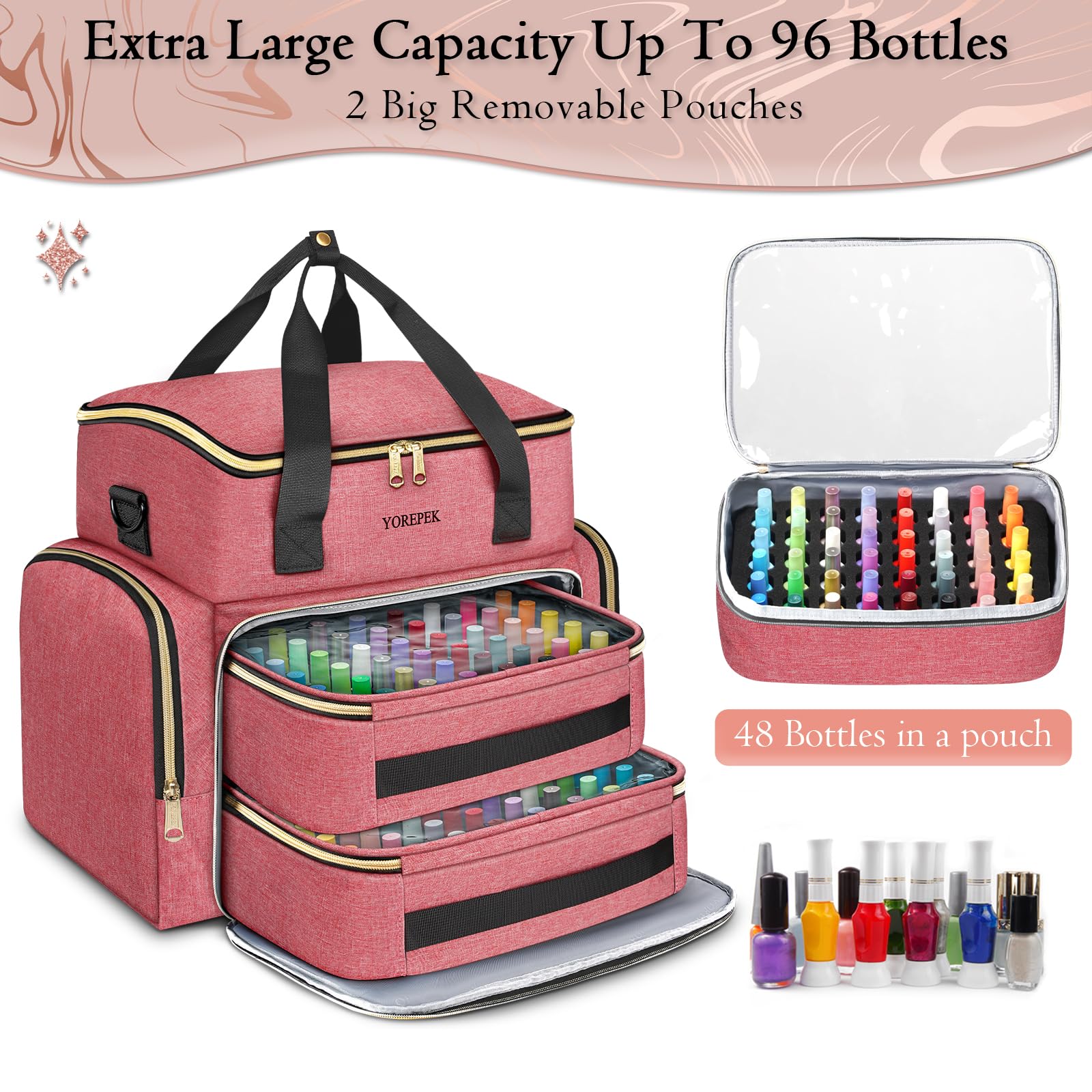 YOREPEK Nail Polish Organizer Case removable pouches for portable setup