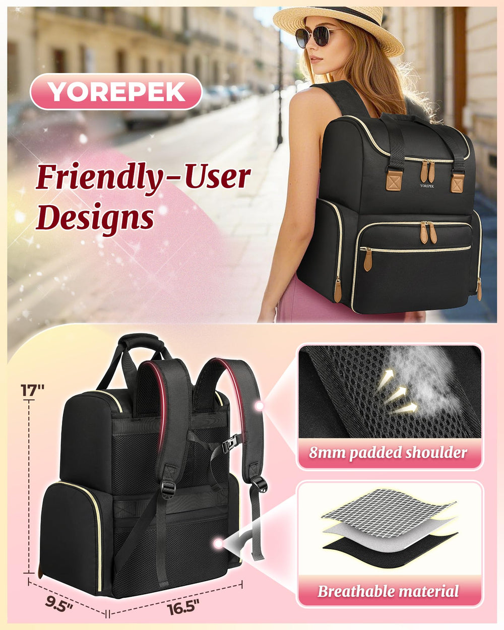 YOREPEK padded shoulder strap and breathable back panel reduce fatigue.