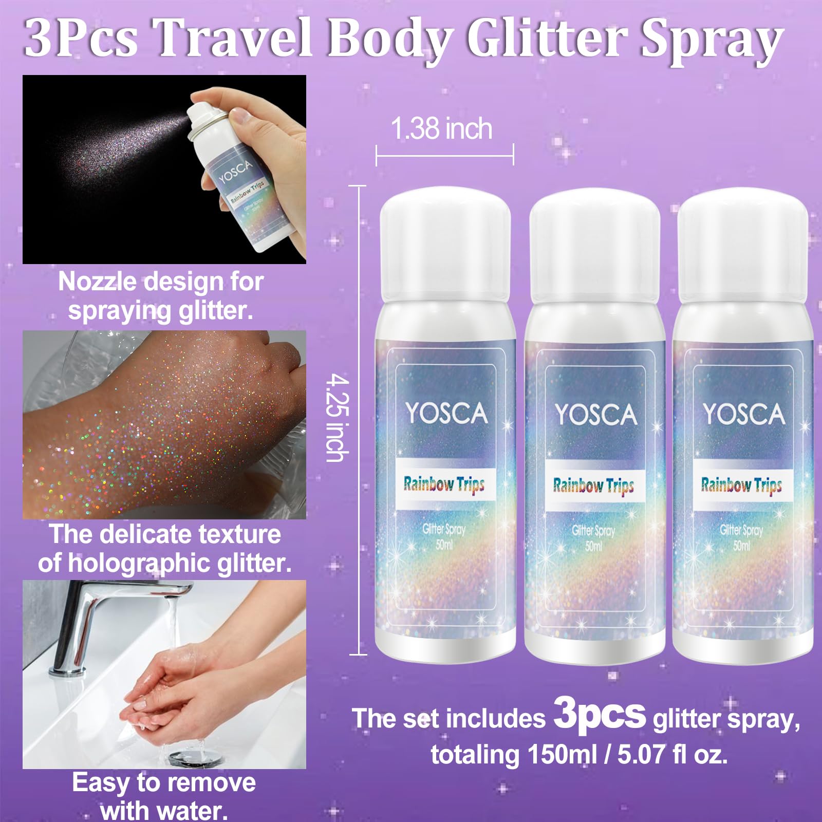 Yosca glitter spray application distance shows even, controlled sparkle