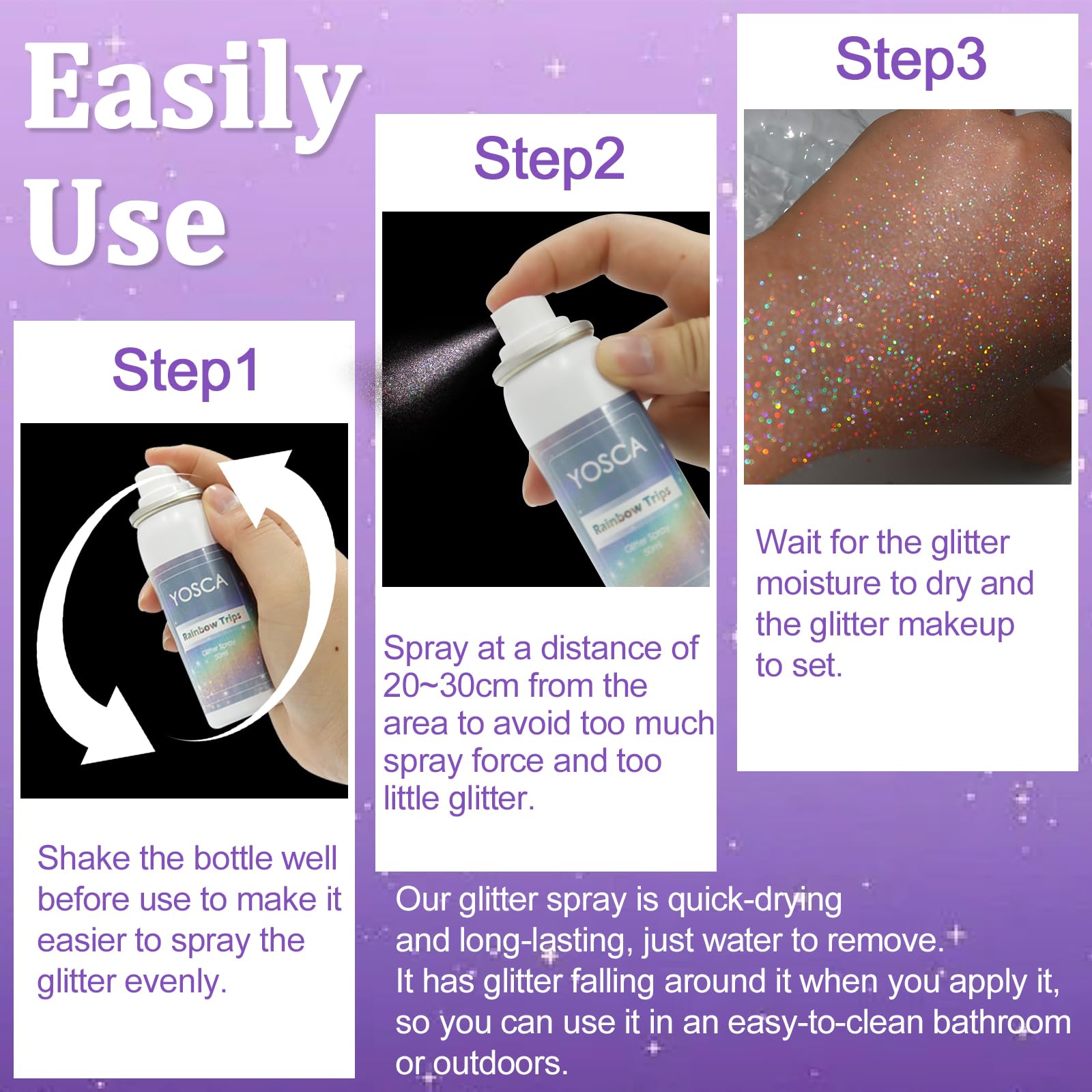 Yosca glitter spray closeup iridescent particles capture holographic sparkle