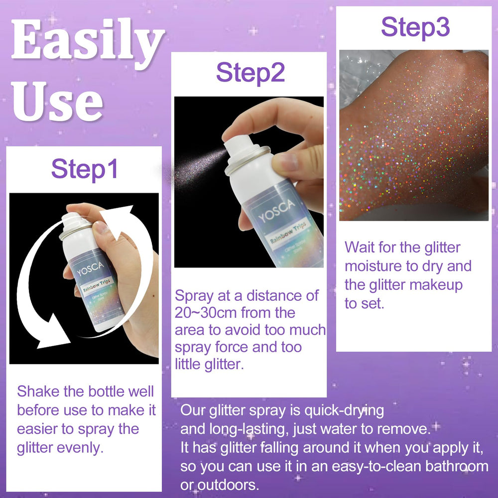 Yosca glitter spray closeup iridescent particles capture holographic sparkle
