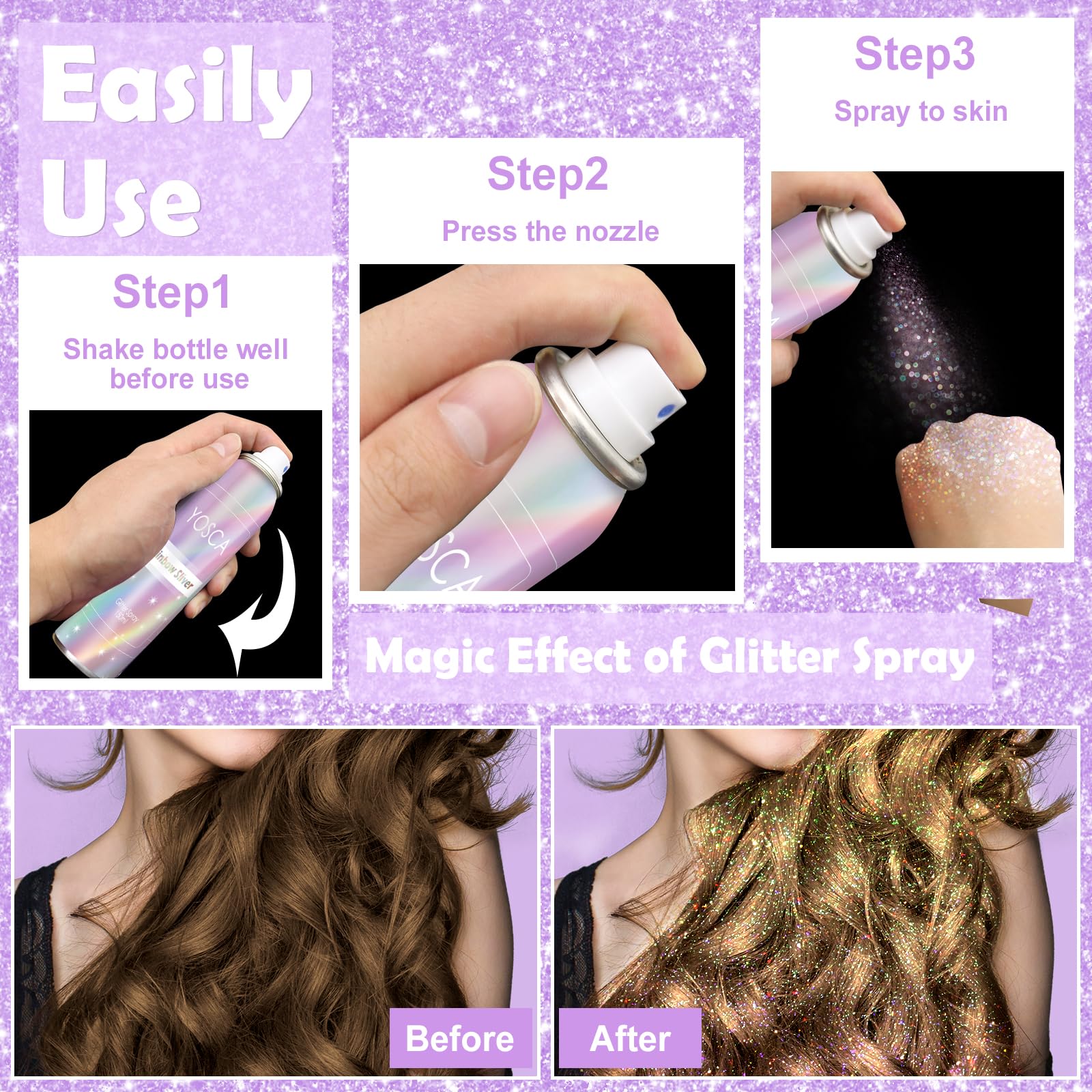 YOSCA glitter spray bottle and packaging suggest premium quality.