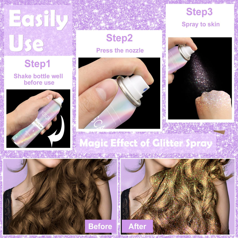 YOSCA glitter spray bottle and packaging suggest premium quality.