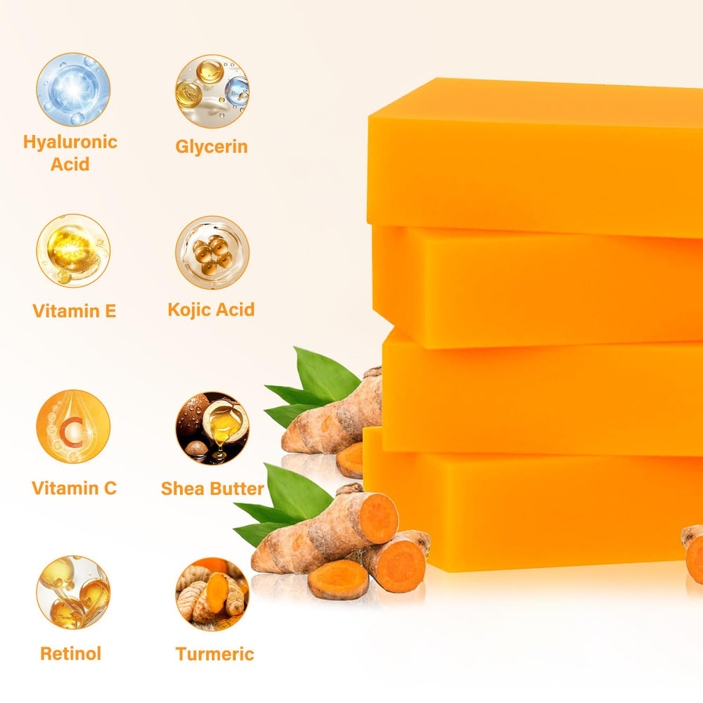 YOSEGOOTER turmeric soap bar closeup ingredients highlights soothing turmeric and kojic acids.