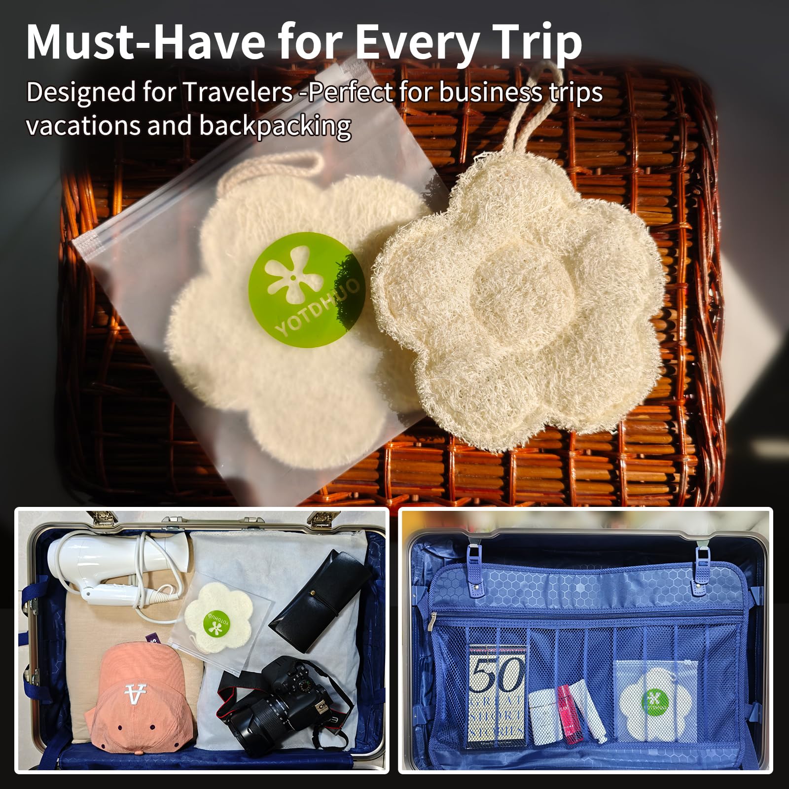 YOTDHUO lightweight travel loofah easy to pack.