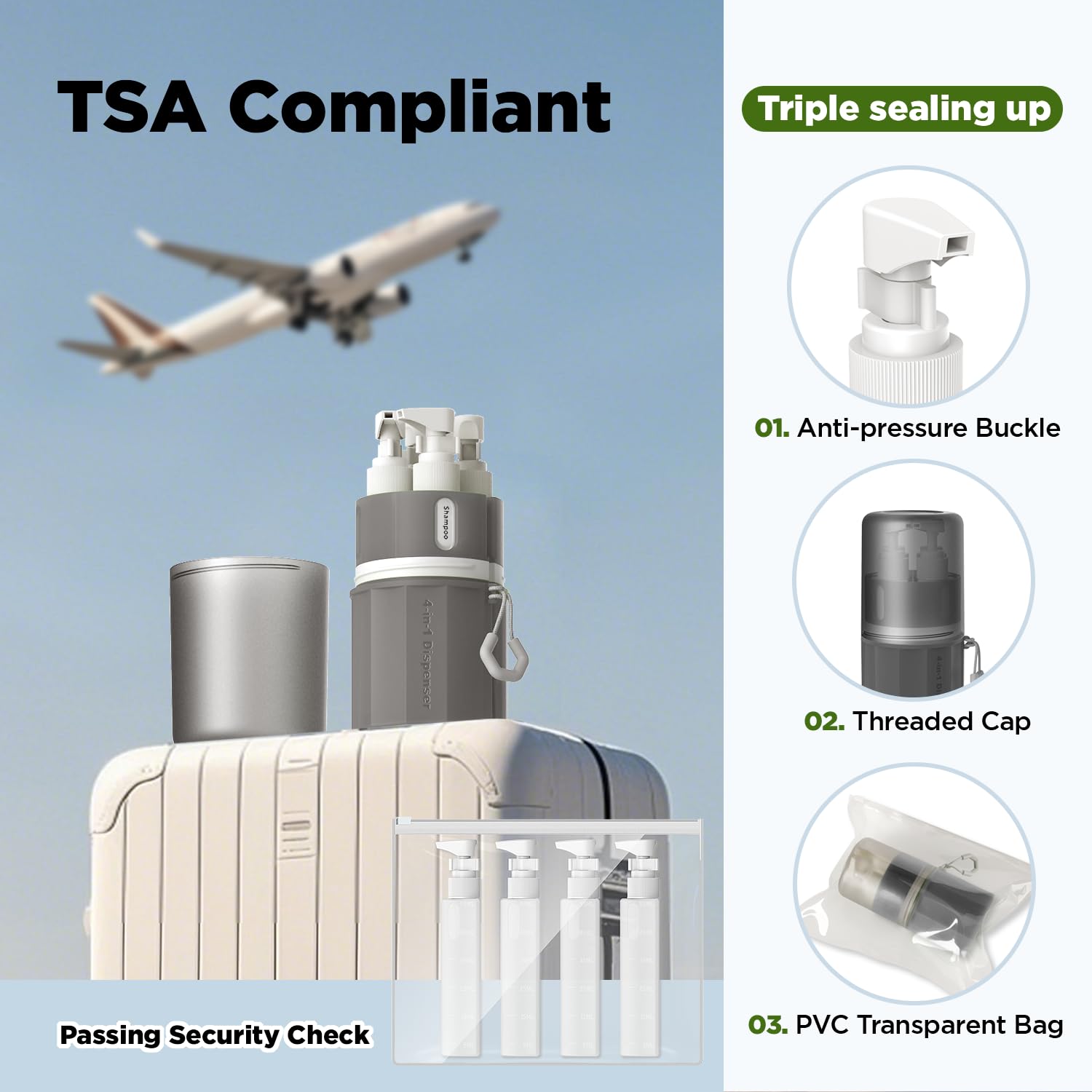 YOTIME anti-squeeze leak-proof bottles prevent accidental leaks during flights.