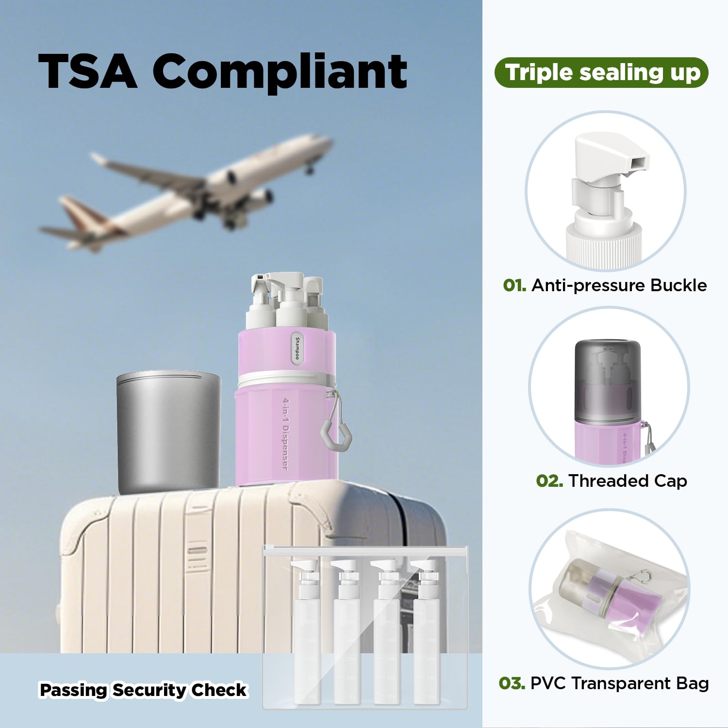 YOTIME leak-proof travel bottles highlight built-in anti-squeeze clips to prevent spills during flights.