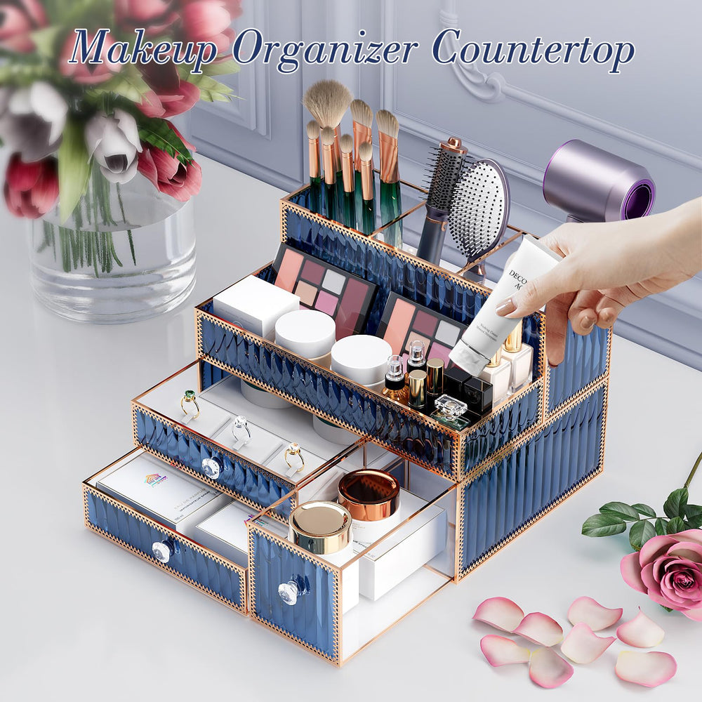 Youdepot makeup organizer blue cosmetics display declutters cosmetics on counter