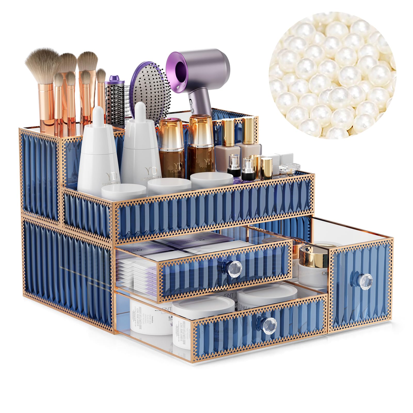 Youdepot makeup organizer blue front view keeps countertops clutter-free