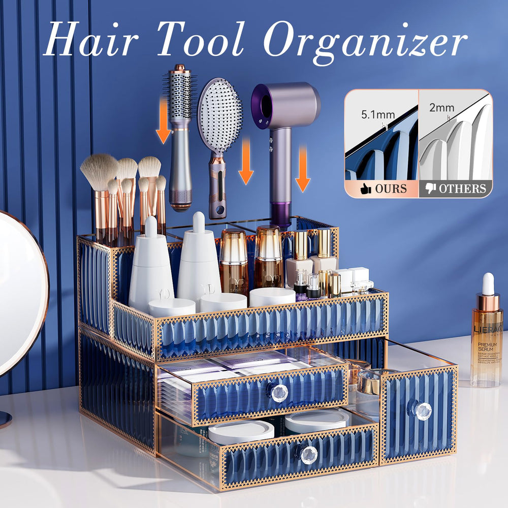 Youdepot makeup organizer blue top view reveals compact footprint and easy-clean tempered glass