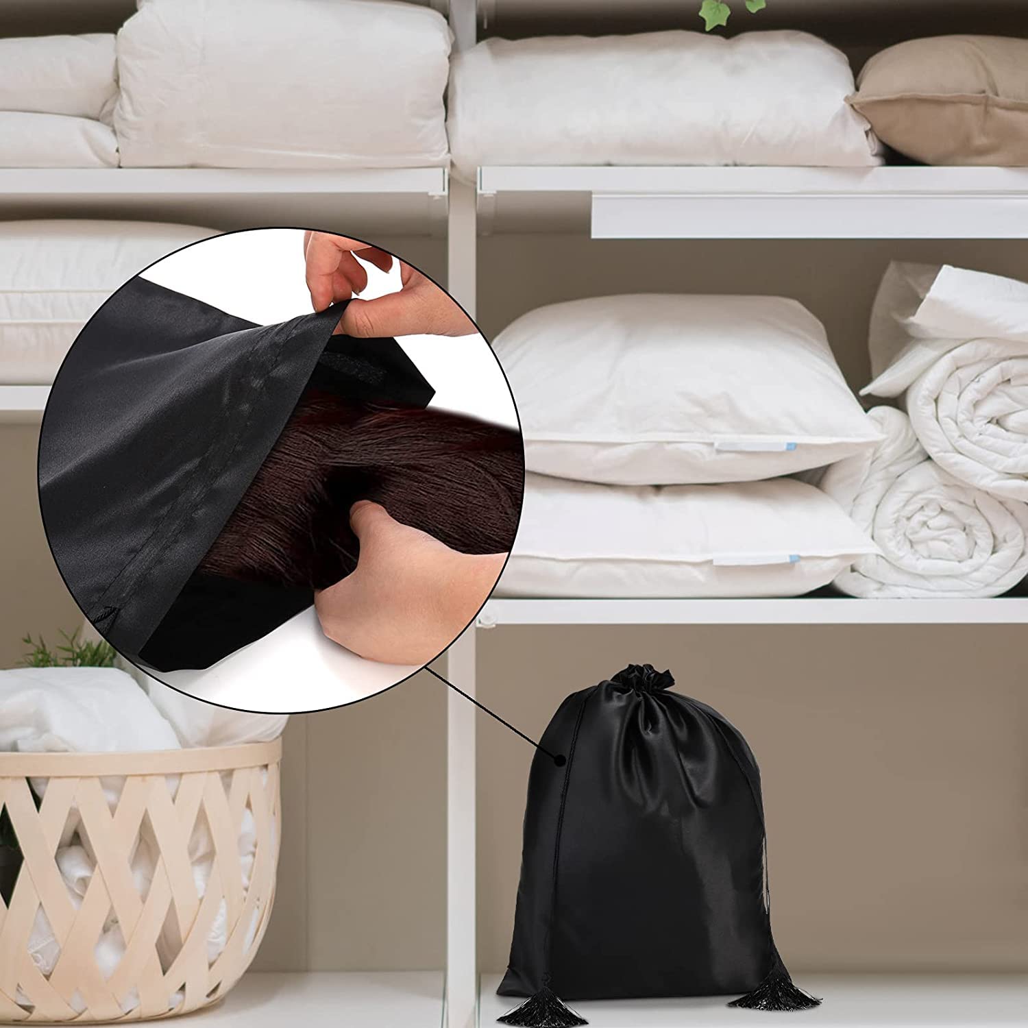Youeon drawstring closure wig bag demonstrates secure packing and easy access
