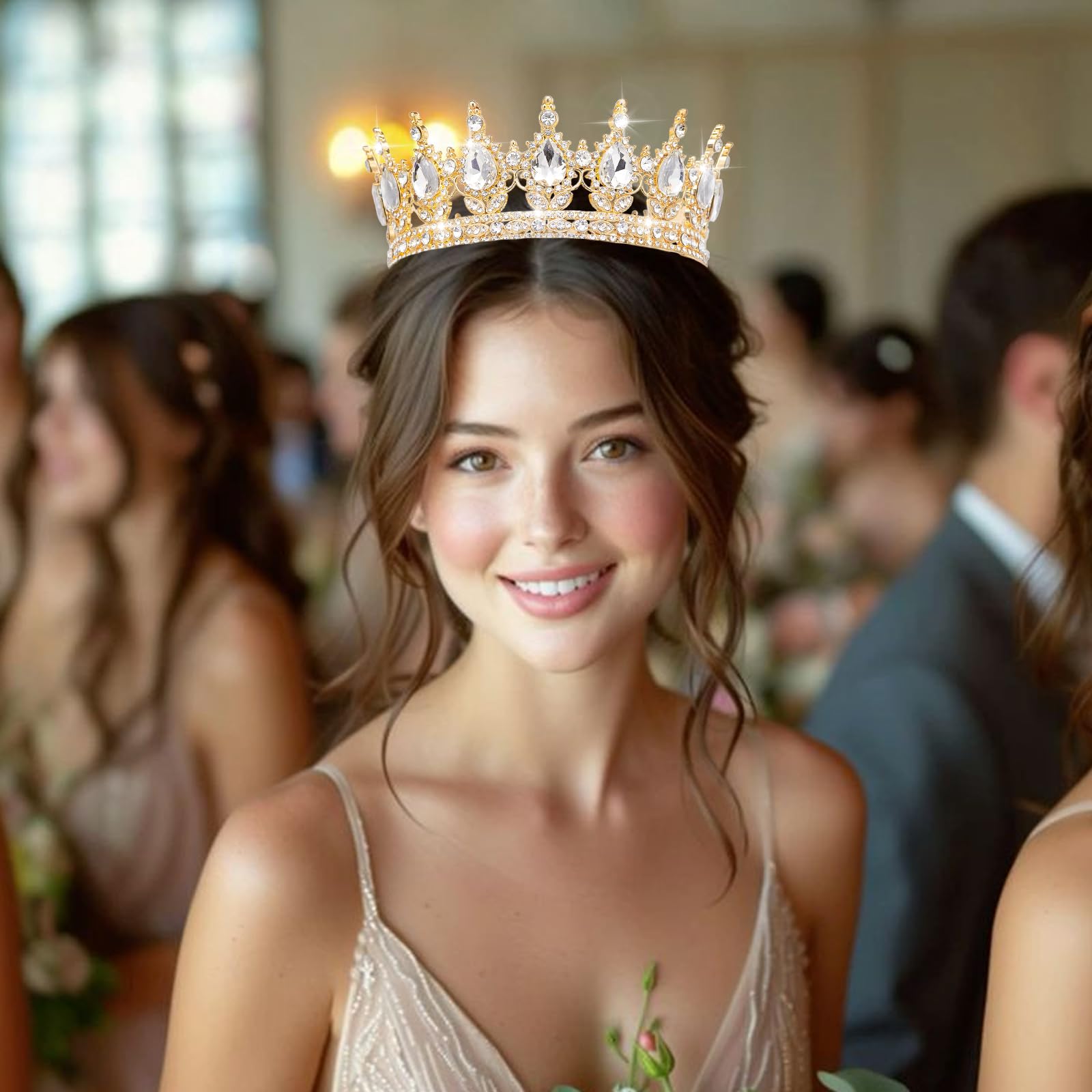 YOUlDIANZI crown rhinestone gold diameter 15cm suits glamorous hairstyles.