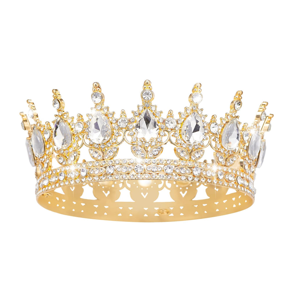 YOUlDIANZI queen crown rhinestone gold white front view highlights crystal sparkle for bridal hair.
