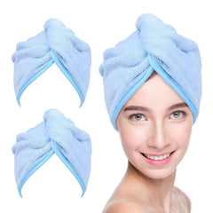 YoulerTex microfiber hair towel blue front view demonstrates fast moisture absorption.