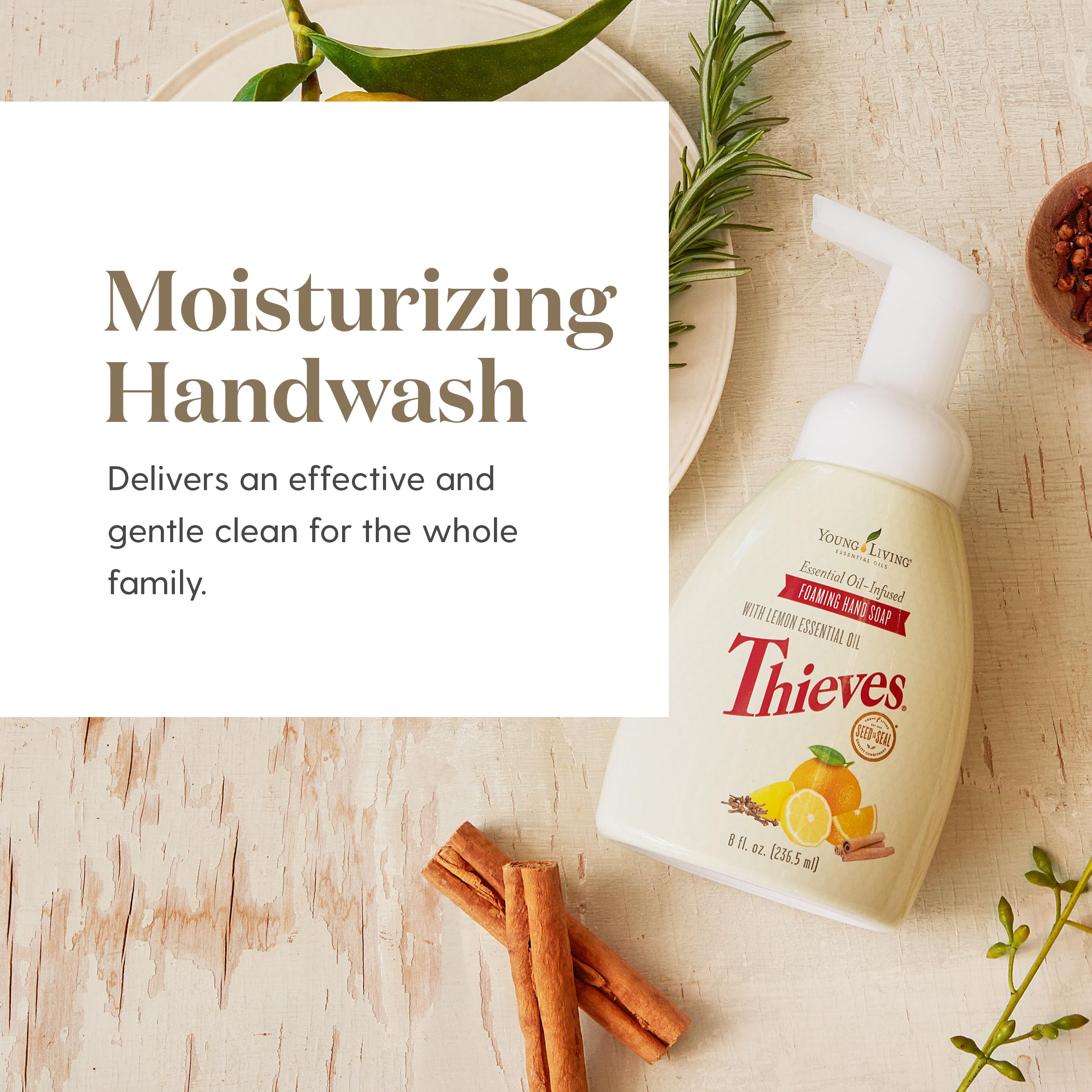 Young Living Thieves hand soap detail shows aloe and green tea moisturizers