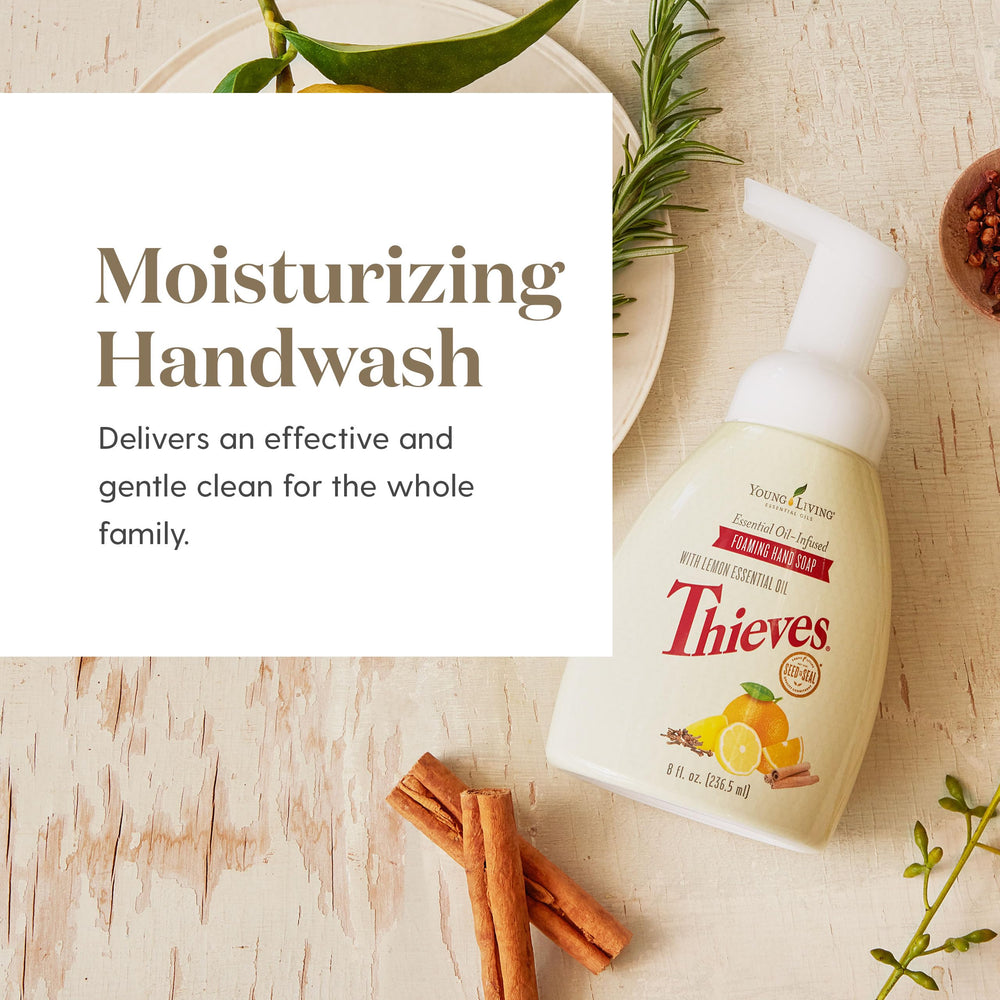 Young Living Thieves hand soap detail shows aloe and green tea moisturizers