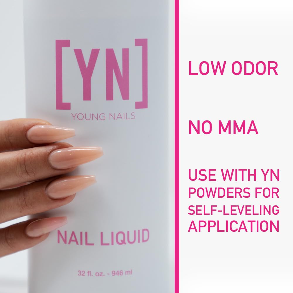 Young Nails liquid monomer close-up shows creamy self-leveling application for even nails.