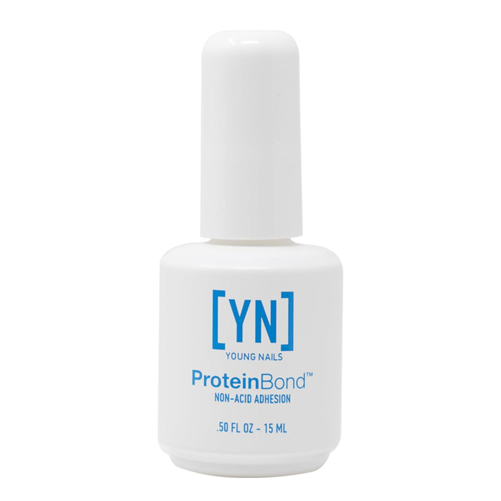 Young Nails Protein Bond bottle shows non-acidic adhesion for gel and acrylic wear.