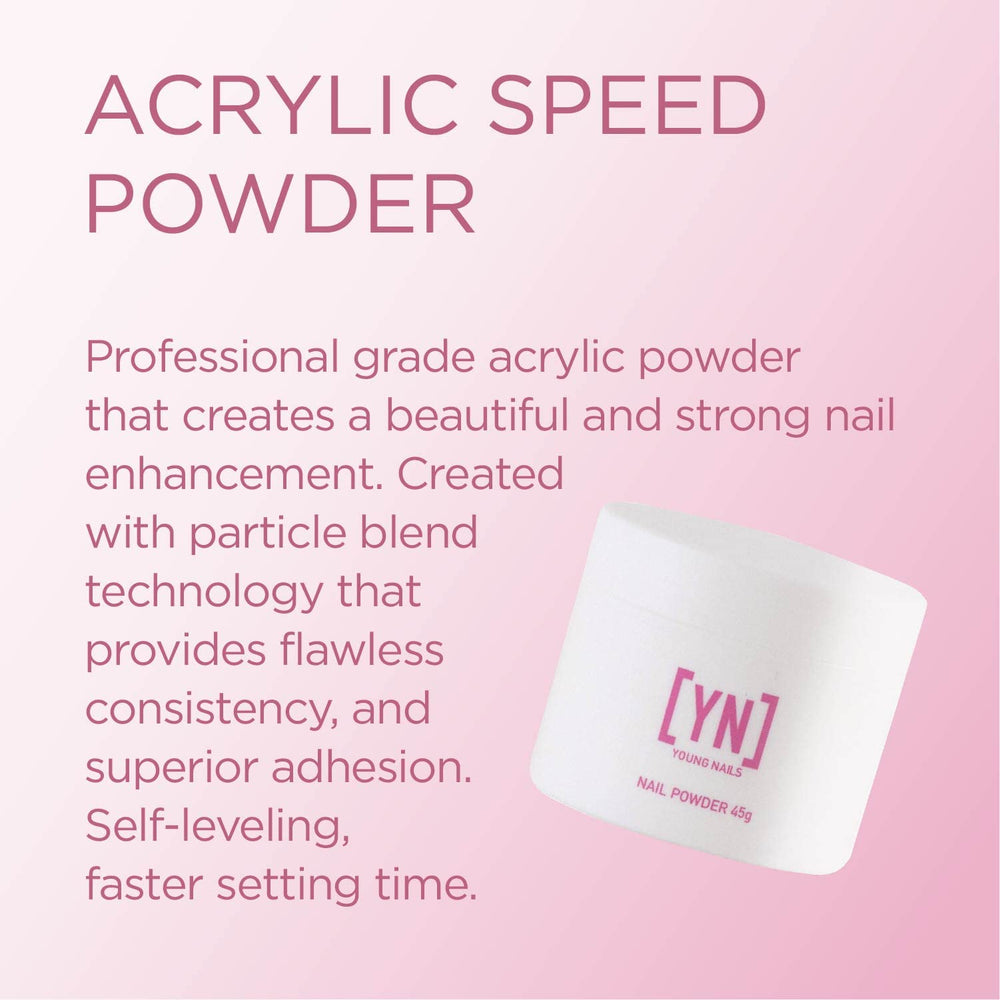 Close-up of Young Nails Speed Powder in use, offering smooth, self-leveling application.