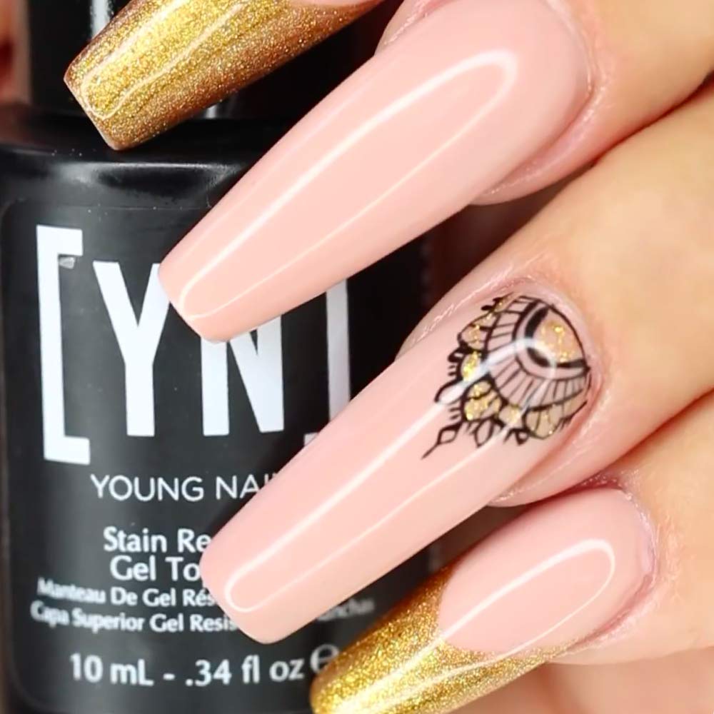 Young Nails Stain Resistant Gel Top Coat brush applying thin layer for smooth finish.