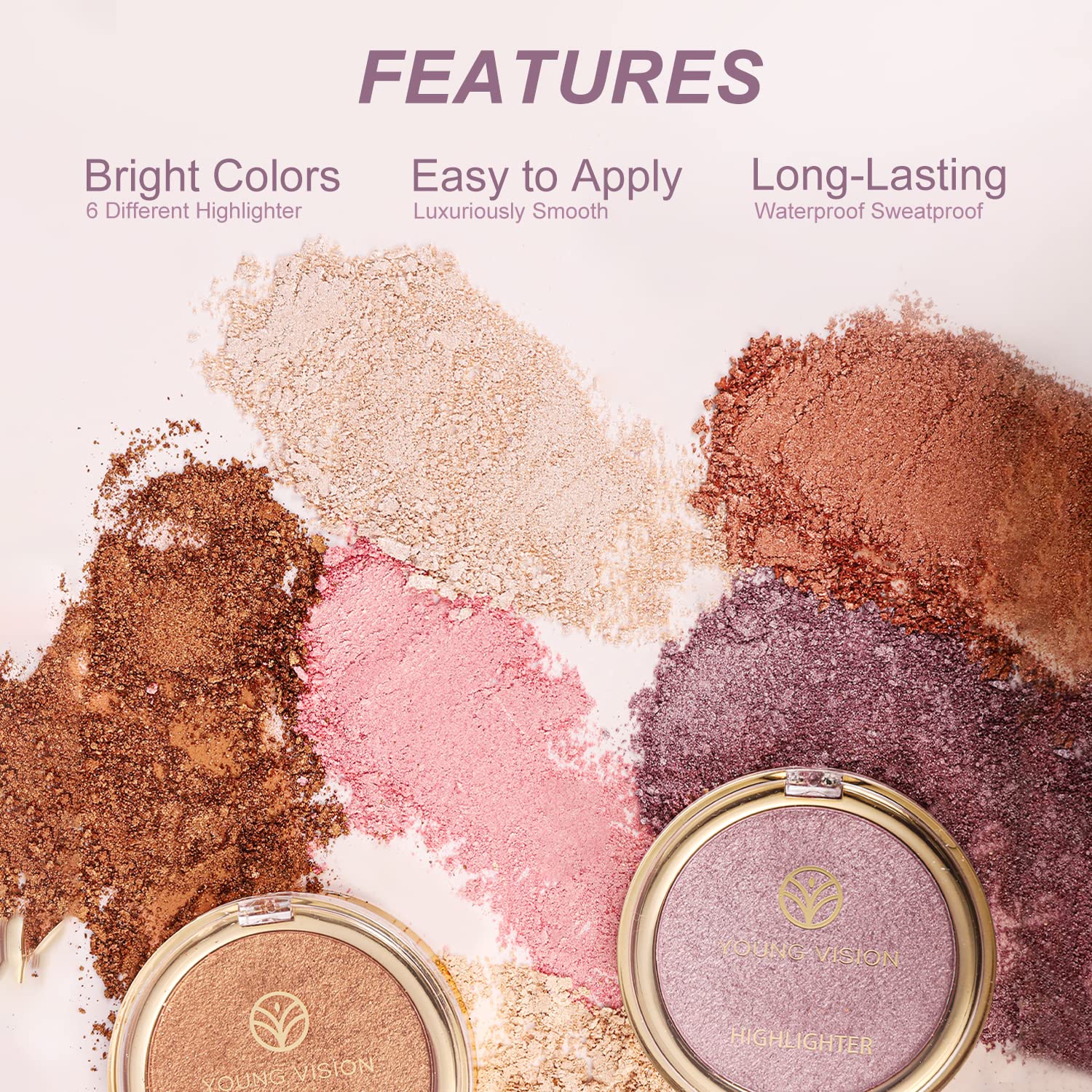 Young Vision cruelty-free highlighter with iridescent particles creates a soft foil-like finish.