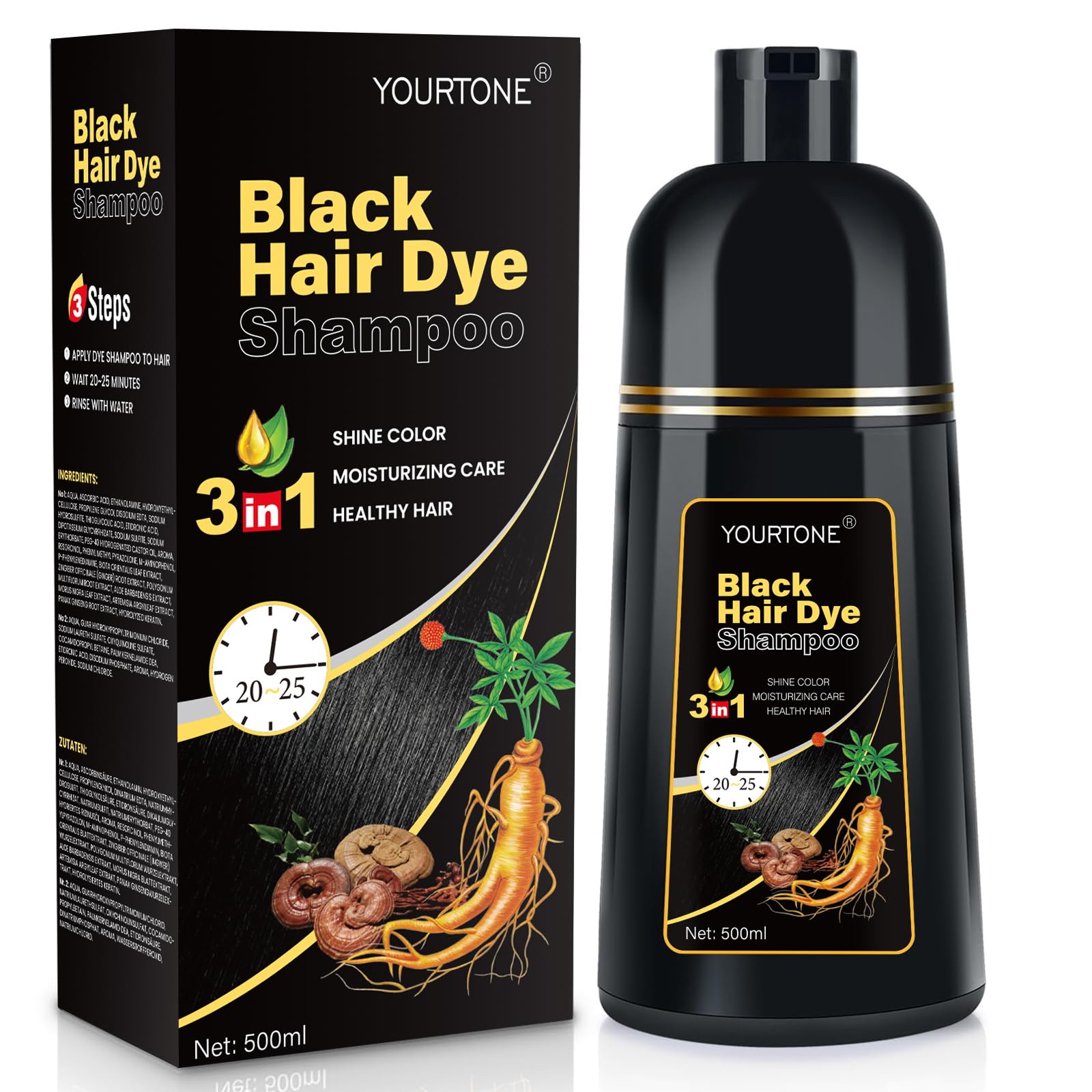YOURTONE Black Hair Dye Shampoo bottle shows 3-in-1 color and scalp care