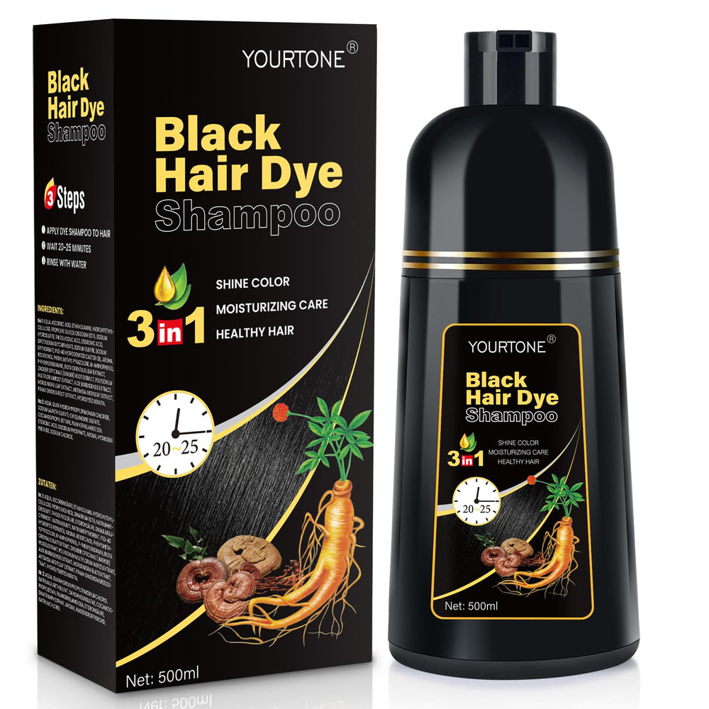 YOURTONE Black Hair Dye Shampoo bottle shows 3-in-1 color and scalp care