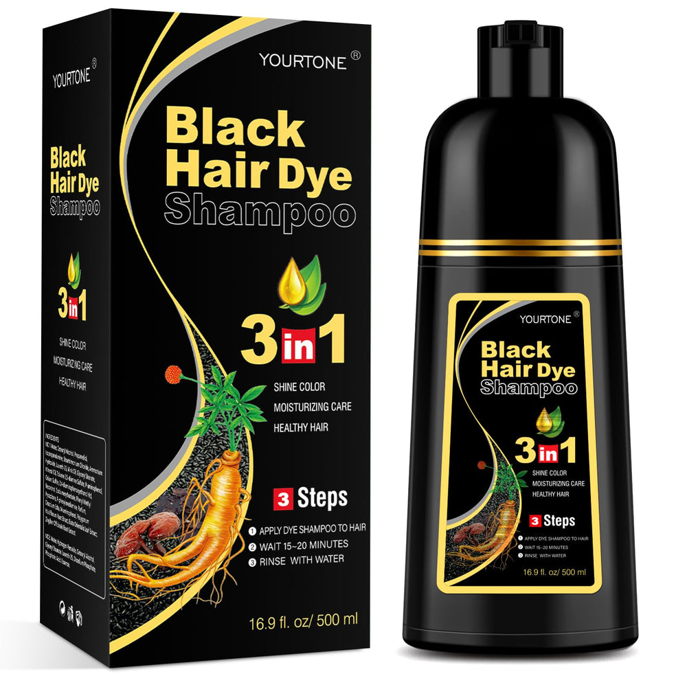 YOURTONE Black Hair Dye Shampoo bottle close-up shows easy gray coverage.
