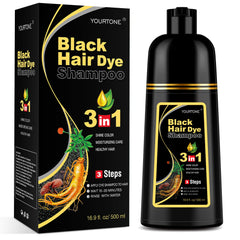 YOURTONE Black Hair Dye Shampoo bottle close-up shows easy gray coverage.