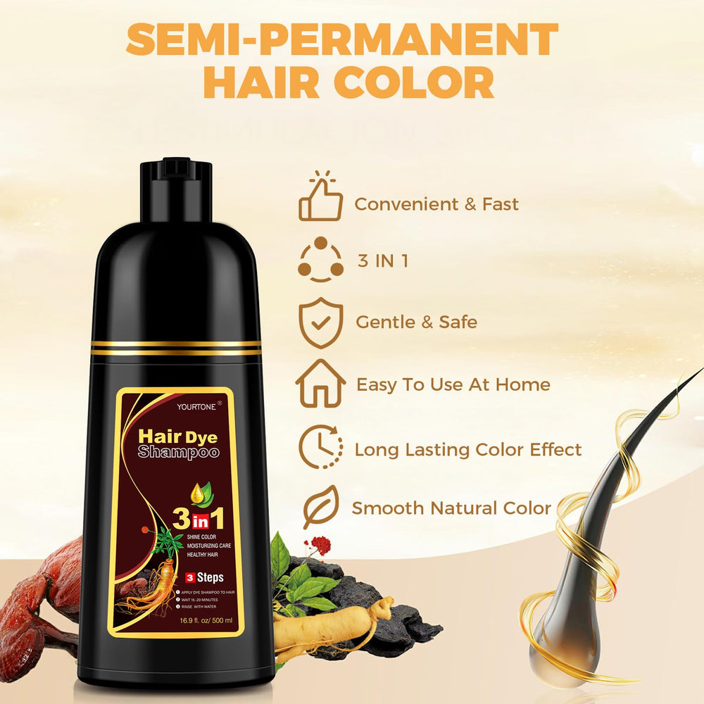 YOURTONE dark brown hair dye shampoo after-use hair shine reflects healthy-looking color and glossy finish
