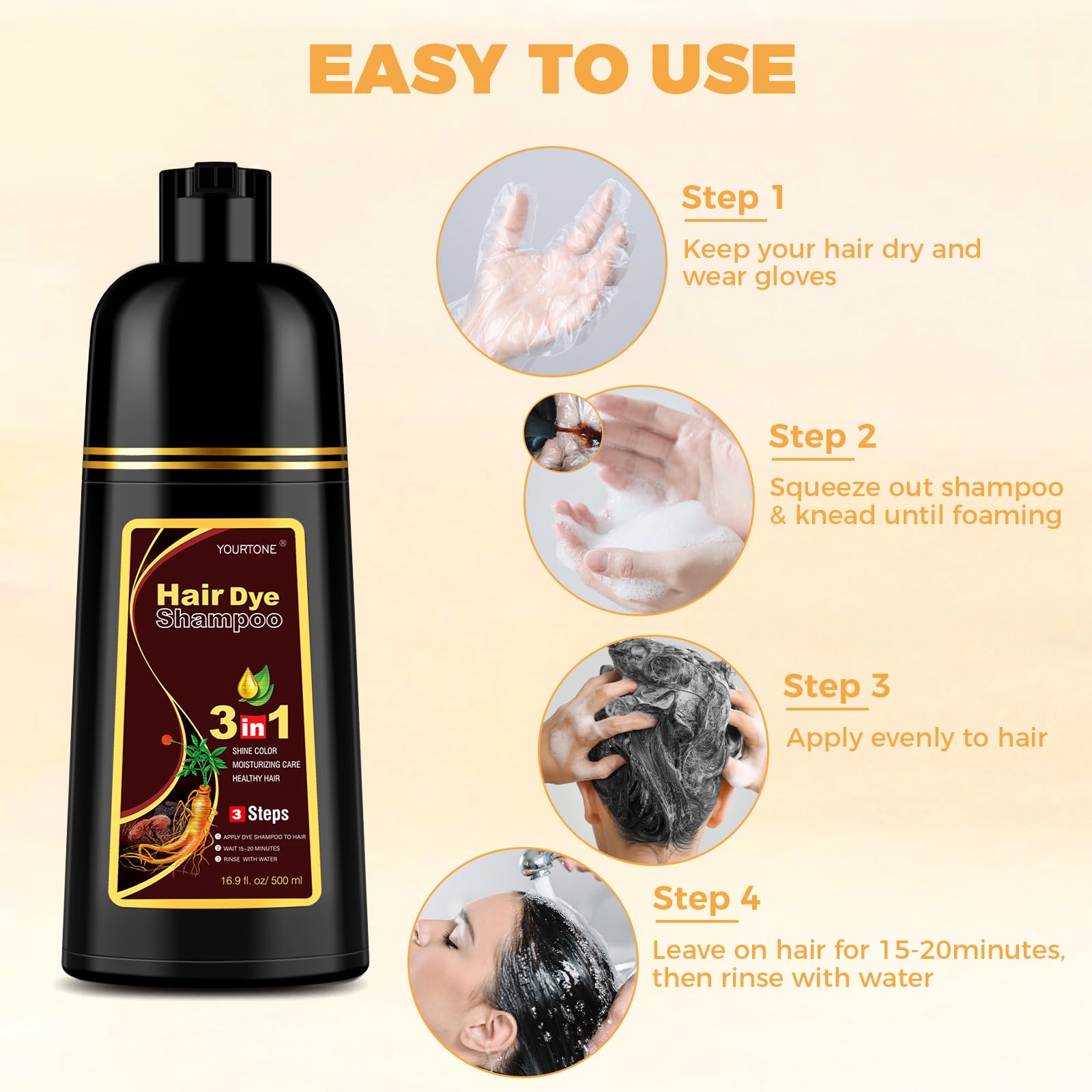 YOURTONE dark brown hair dye shampoo dispense cap closeup emphasizes precise control during use