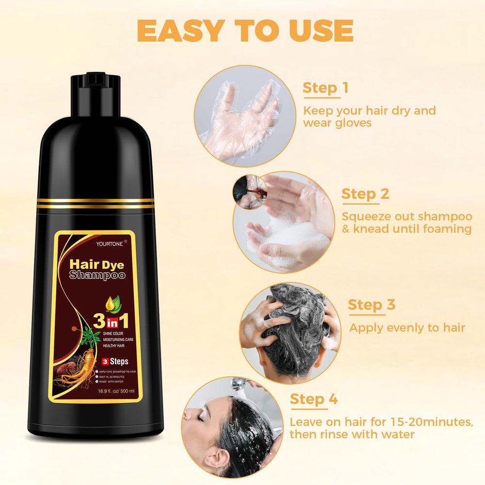 YOURTONE dark brown hair dye shampoo dispense cap closeup emphasizes precise control during use