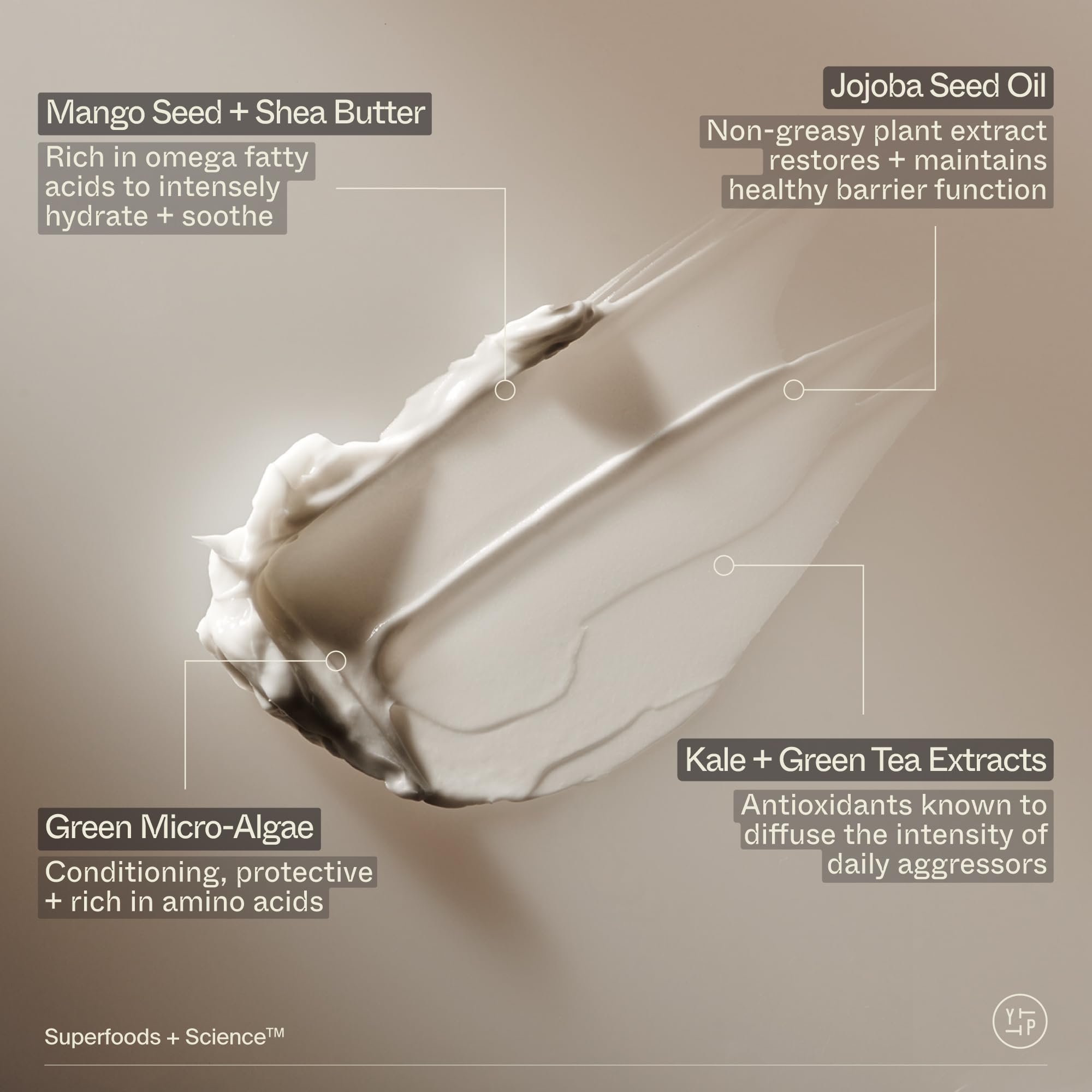 Youth To The People lotion swatch texture demonstrates non-greasy, fast-absorbing finish for silky skin.