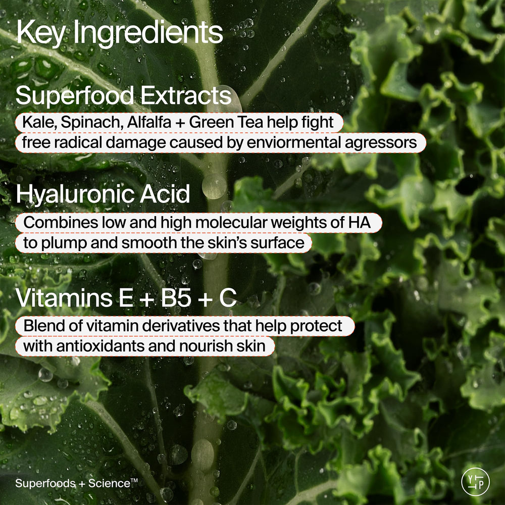 Youth To The People ingredients kale green tea hyaluronic acid closeup emphasizes plumping hydration.