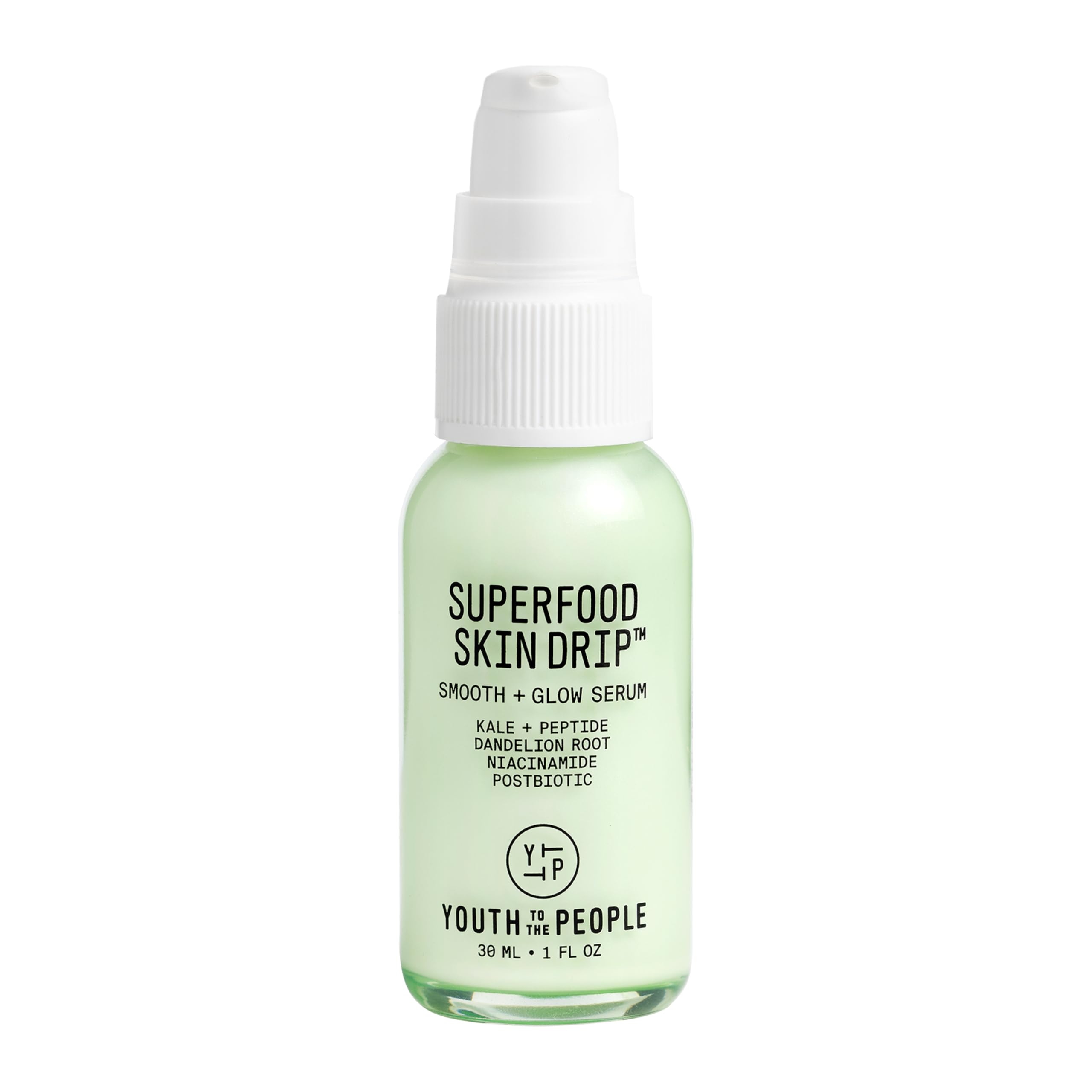 Youth To The People Skin Drip bottle closeup, barrier-friendly serum for dewy glow.