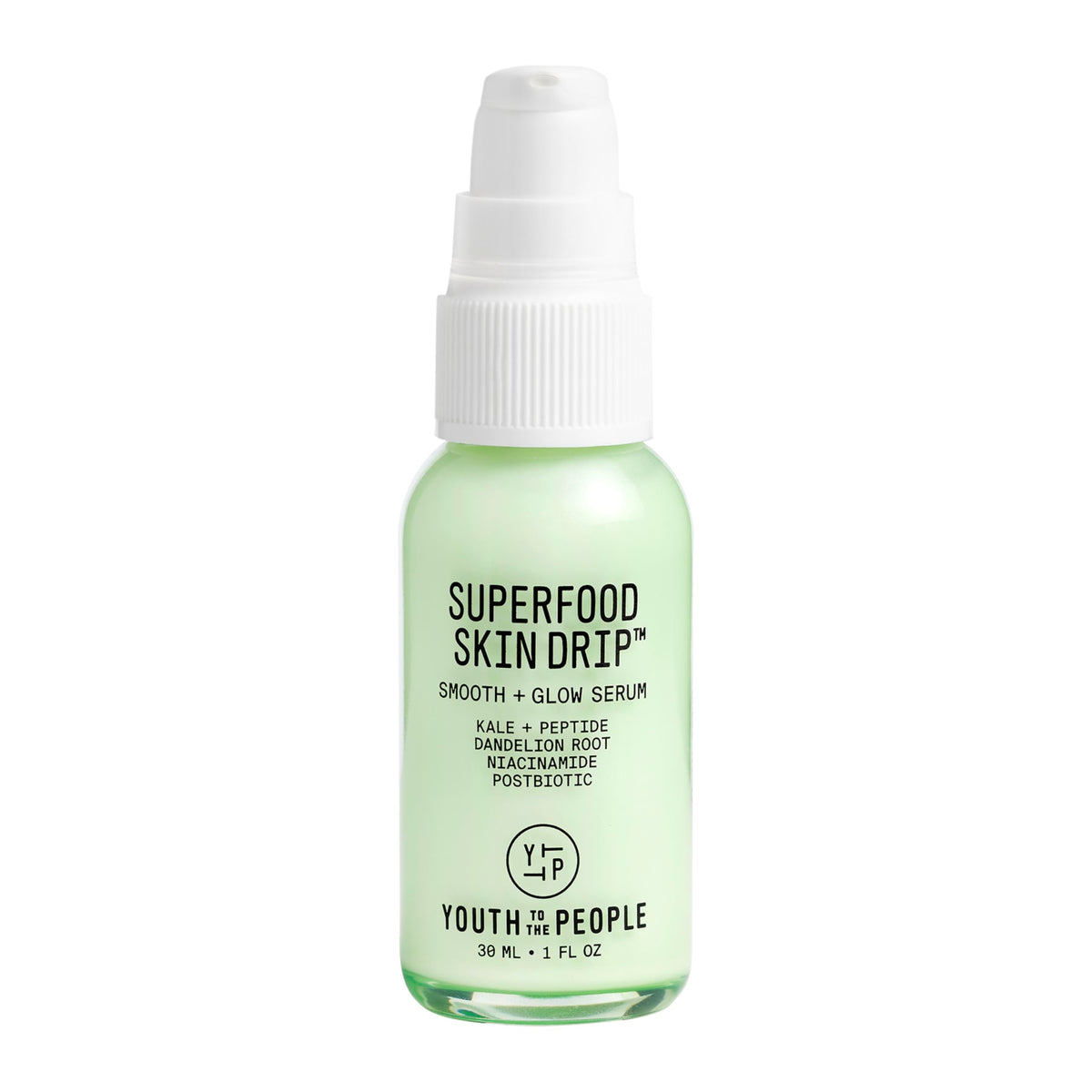 Youth To The People Skin Drip bottle closeup, barrier-friendly serum for dewy glow.