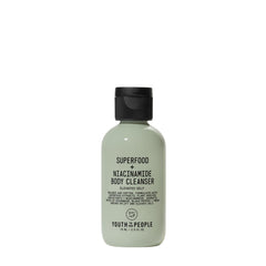 Youth To The People Superfood + Niacinamide Body Wash bottle shows travel size hydration on the go