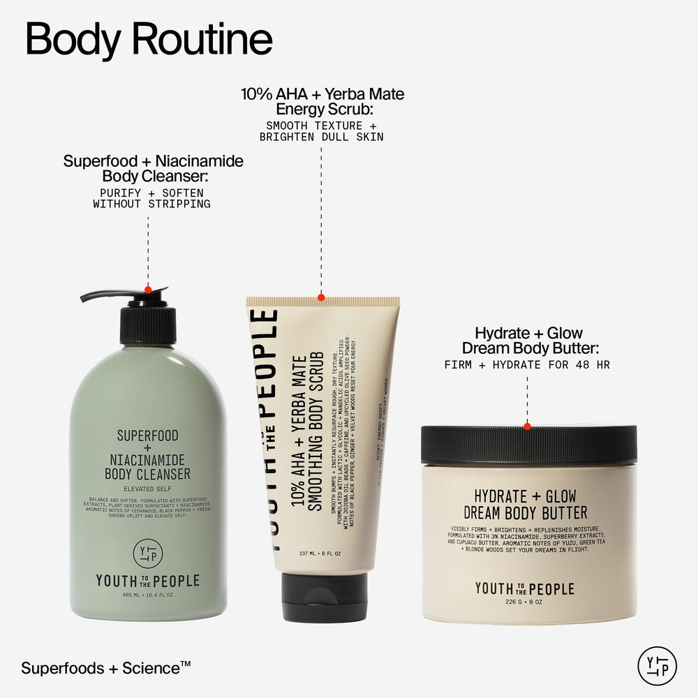Youth To The People Superfood + Niacinamide Body Wash gel texture gliding over skin