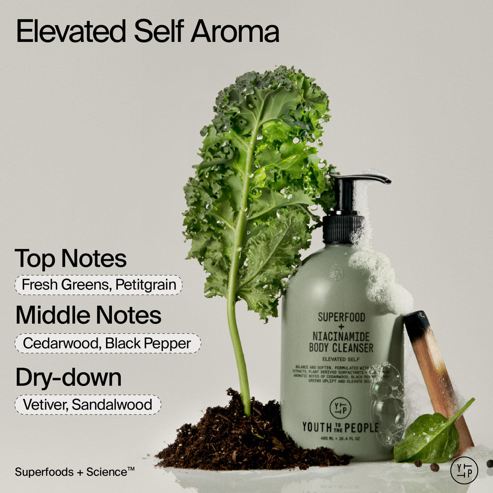 Youth To The People Superfood + Niacinamide Body Wash nutrients lineup supporting skin balance