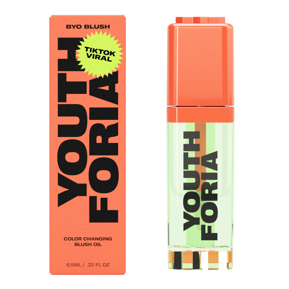 Youthforia BYO Blush bottle closeup showing color-changing shade adapting to your skin tone