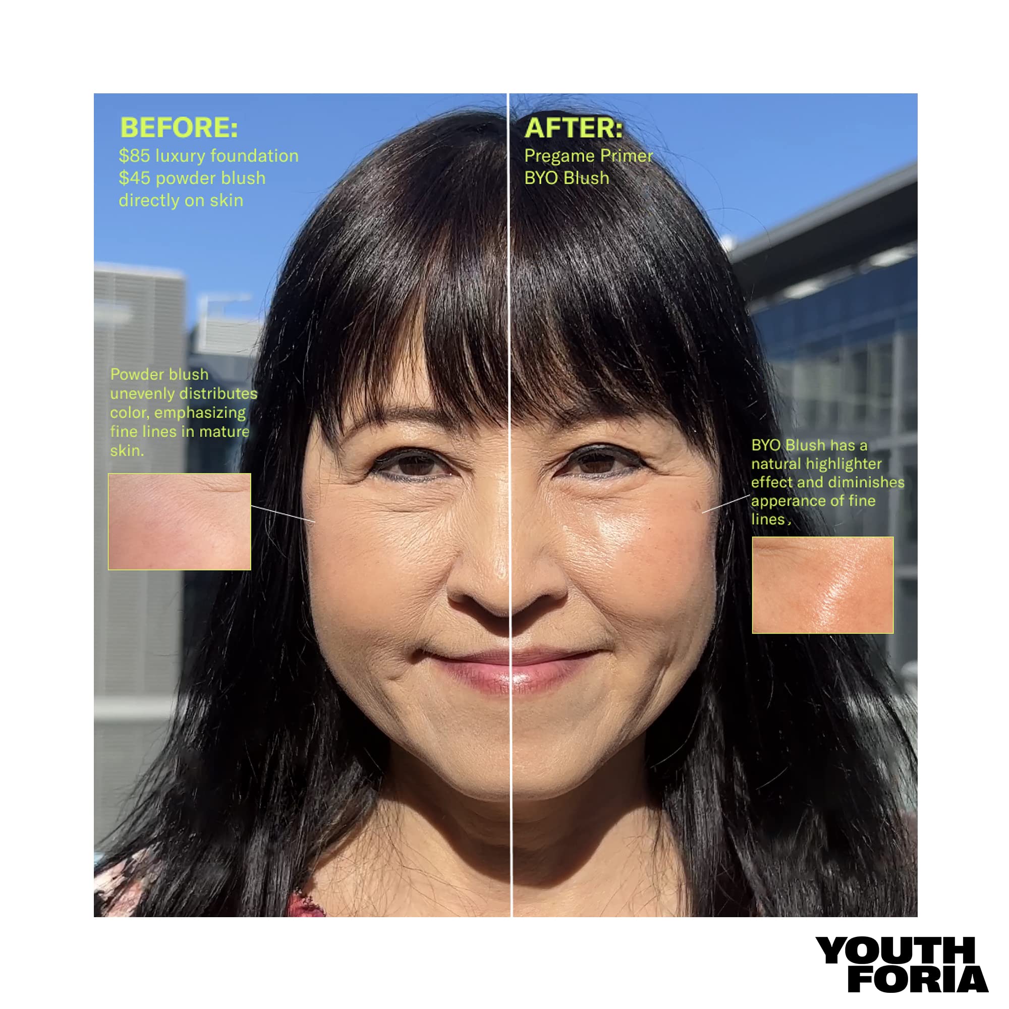 Youthforia BYO Blush swatch on skin shows buildable color from sheer to bold