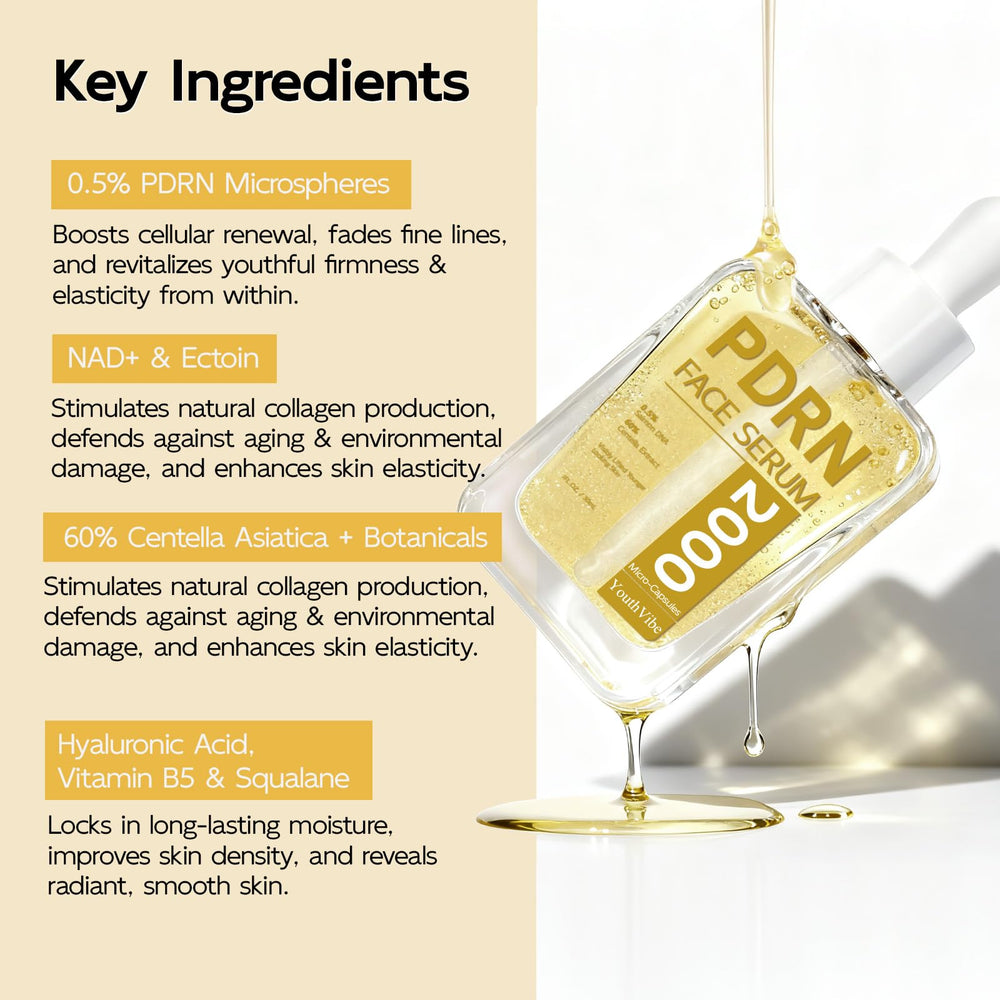 YouthVibe pdrn serum ingredients centella water closeup communicates soothing barrier support.