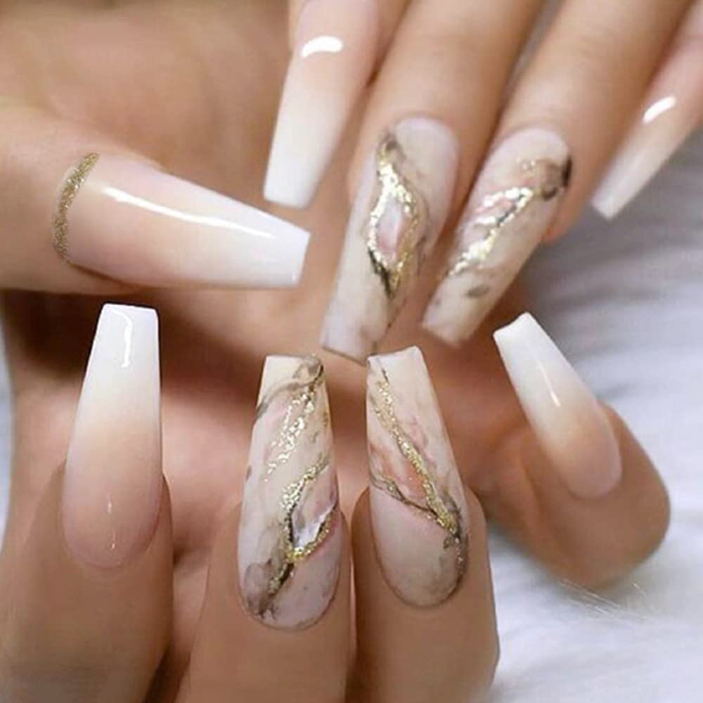 YoYoee Nude coffin long press-on nails with marble gradient for salon-grade look