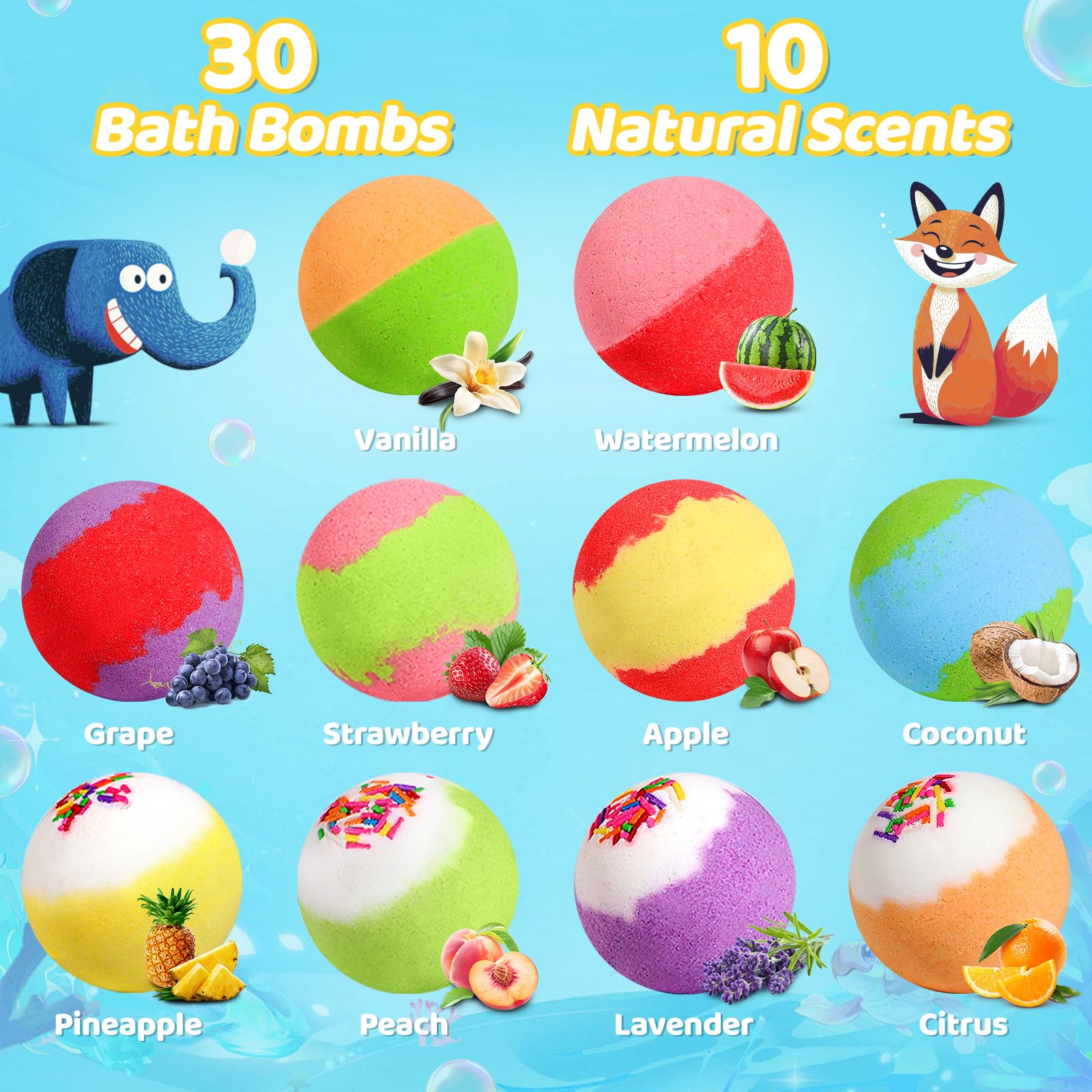 YoYokay 10-scents bath bombs offer coconut, citrus, apple scents for bath-time adventures.