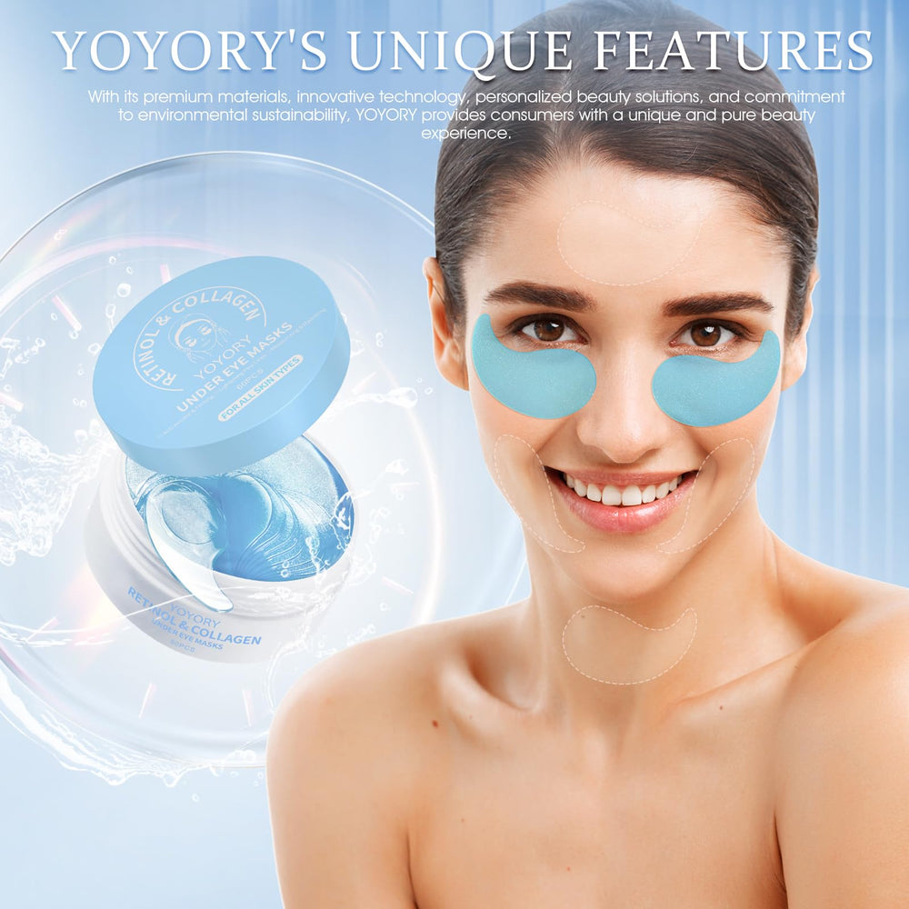 YOYORY under-eye patches blue-tinted gel close-up, cooling refreshing eye area.