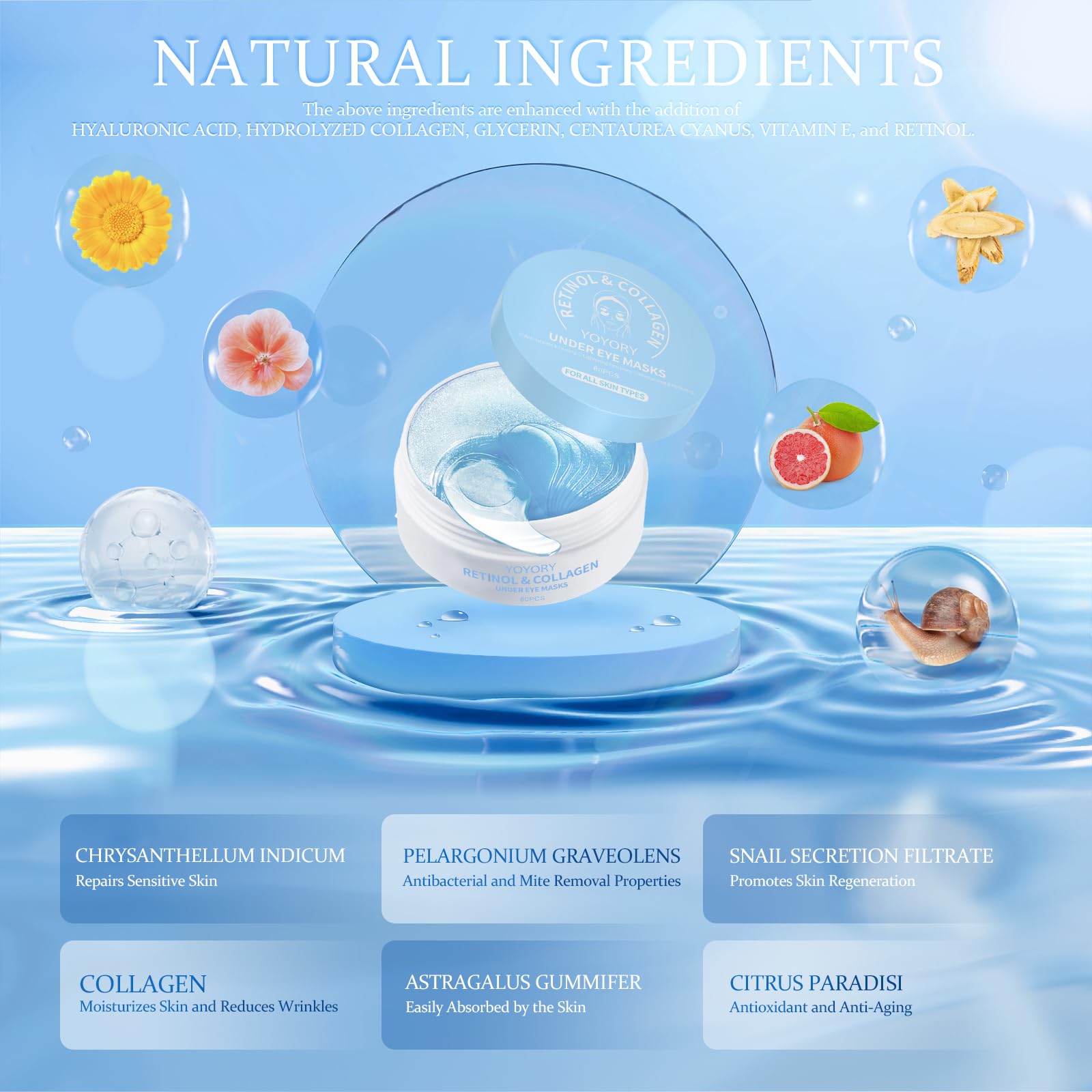 YOYORY under-eye patches with green tea and chamomile, calming botanicals for sensitive skin.