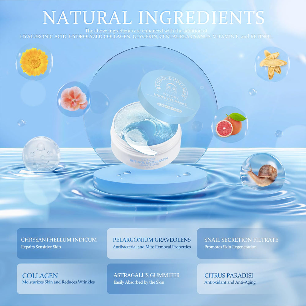 YOYORY under-eye patches with green tea and chamomile, calming botanicals for sensitive skin.