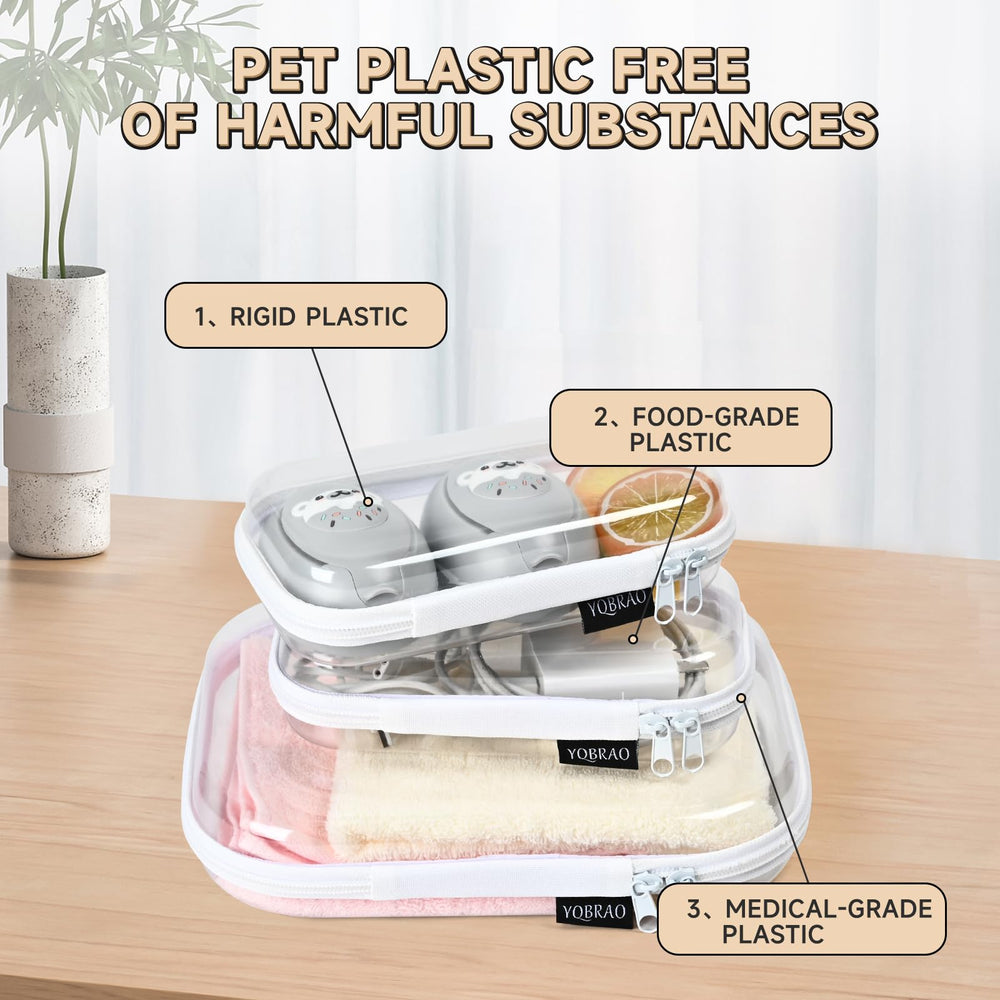 YQBRAO travel setup with clear cases for toiletries and cables on the go