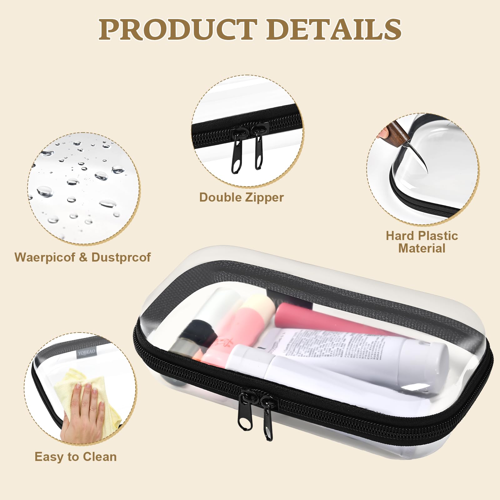 YQBRAO clear hard shell case interior organization for brushes, cosmetics, or accessories.